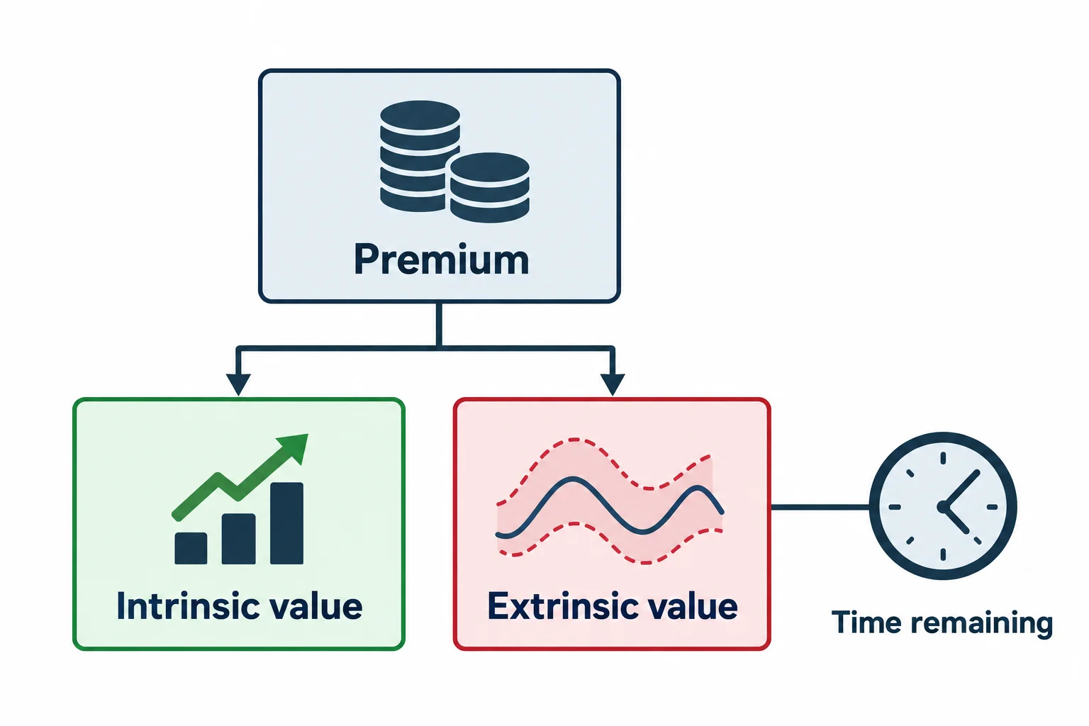 An option premium is separated into intrinsic and extrinsic value, with time linked to the extrinsic component.