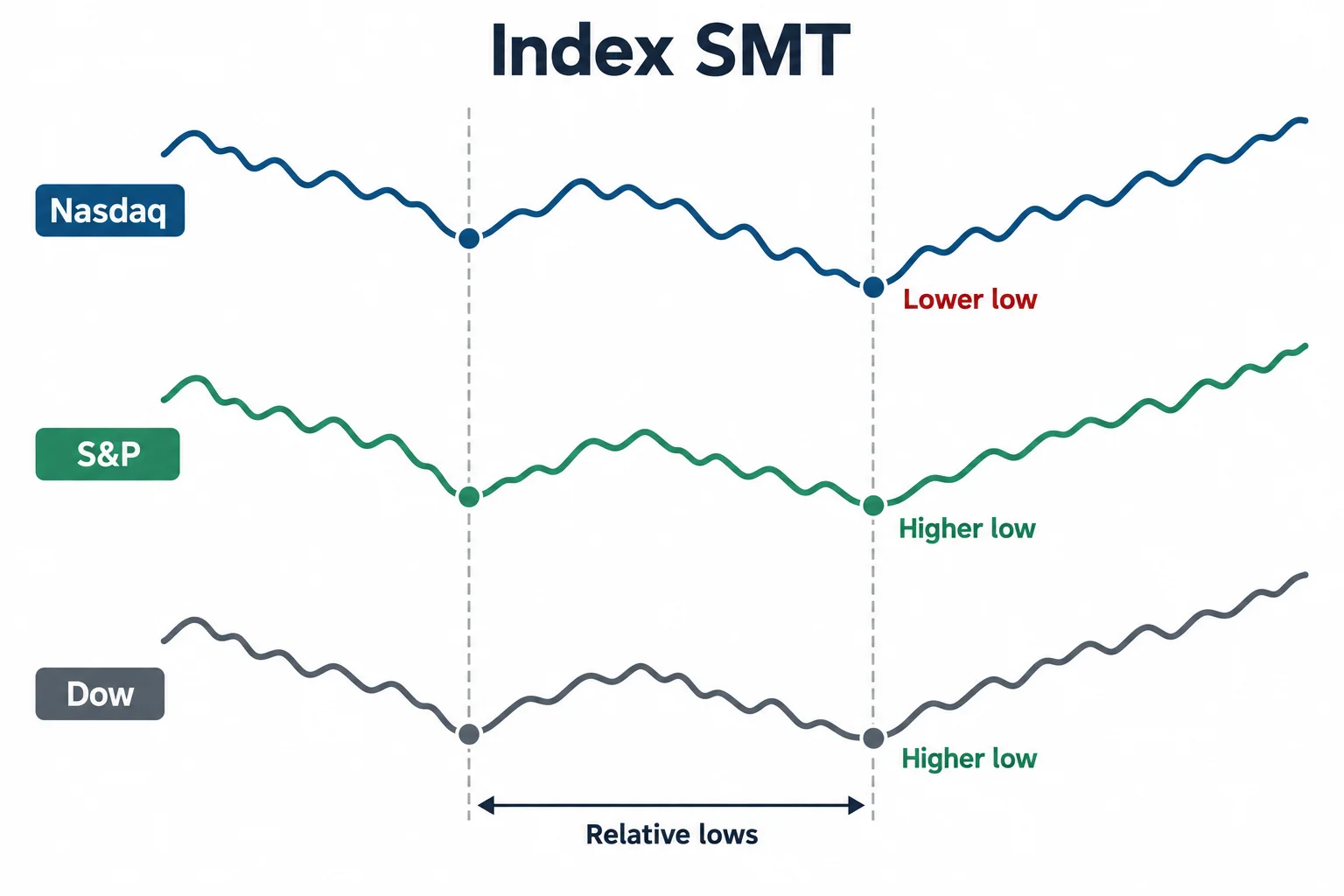 Three index-futures schematics show one lower low and two higher lows at aligned comparison points.
