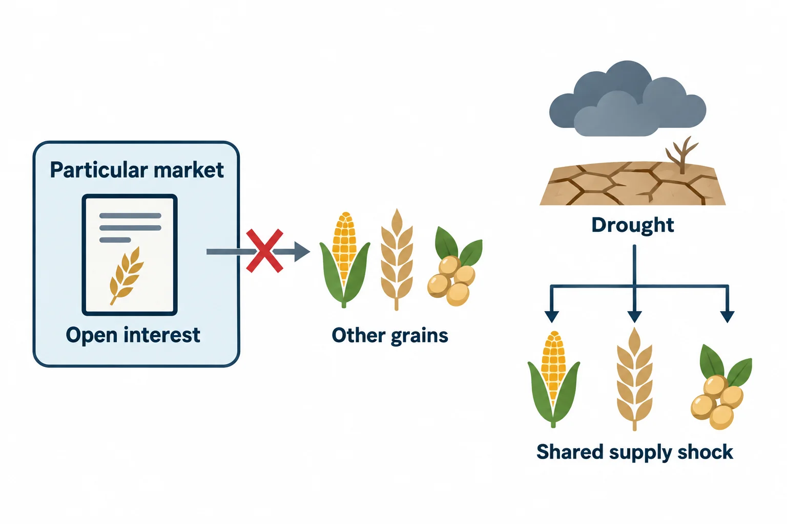 A conceptual map separates market-specific open interest from a supply shock affecting several grains.