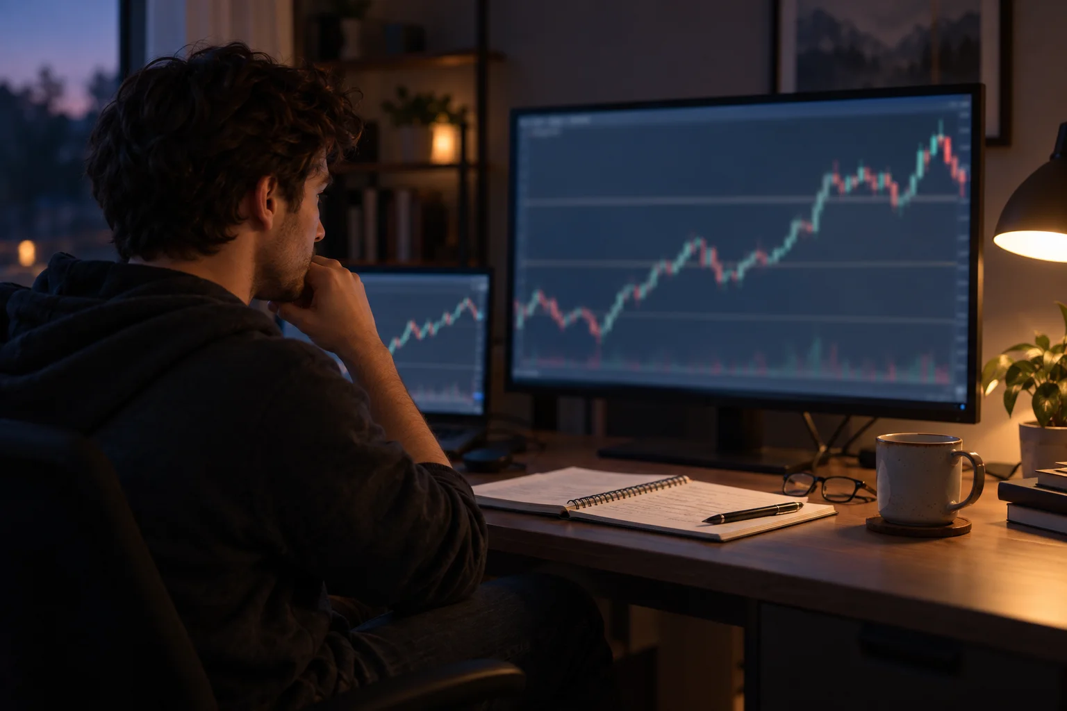 A trader at a home-office desk in the evening reviewing higher-timeframe candlestick charts across two screens, with the chart detail deliberately out of focus. AI-generated illustrative photograph; not a chart from the recording and not market data.