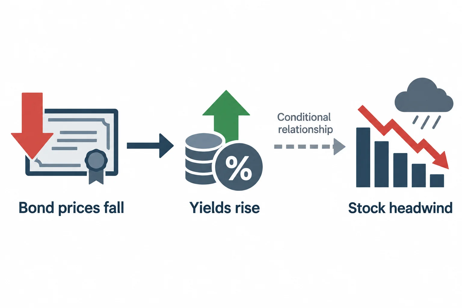 A flow diagram connects falling bond prices with rising yields and a possible stock-market headwind.