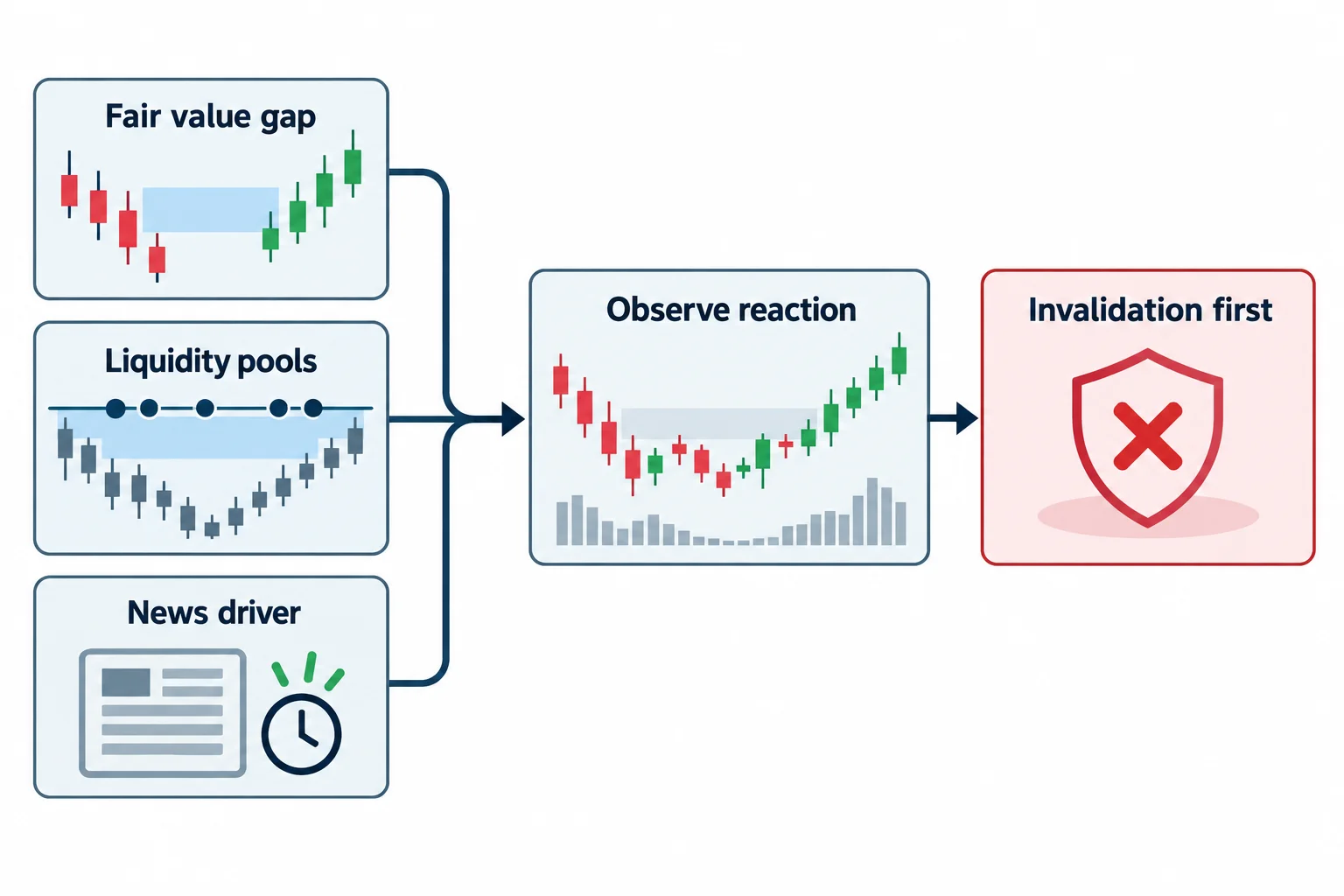 Three market inputs lead to observation and an invalidation checkpoint.