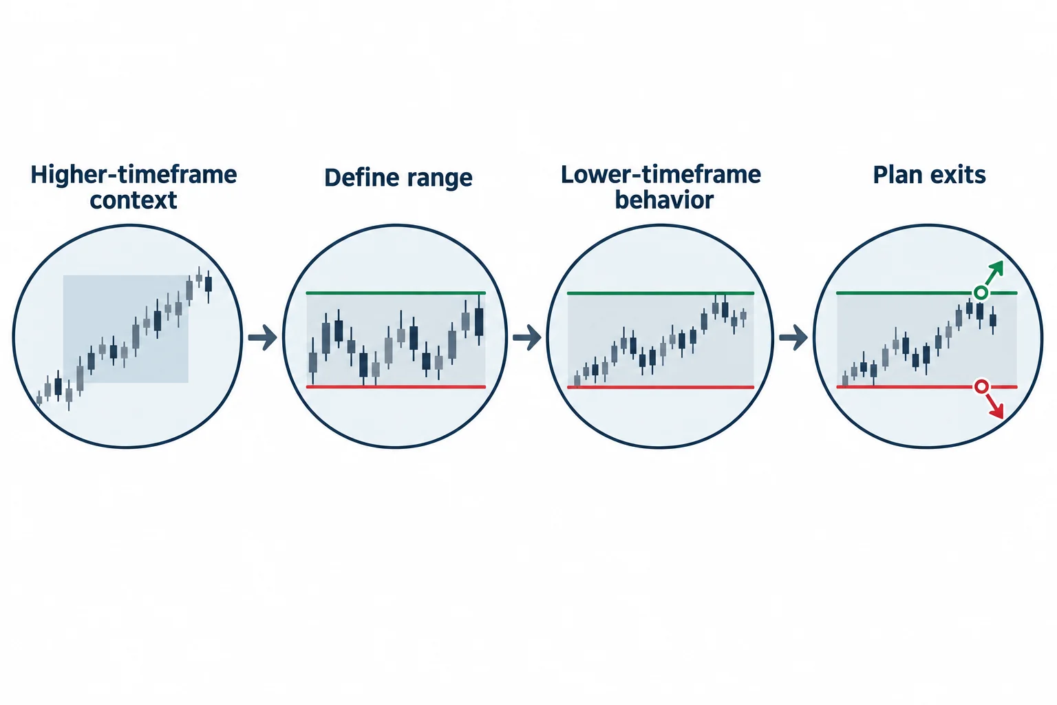 The diagram shows higher-timeframe context, define range, lower-timeframe behavior and plan exits.
