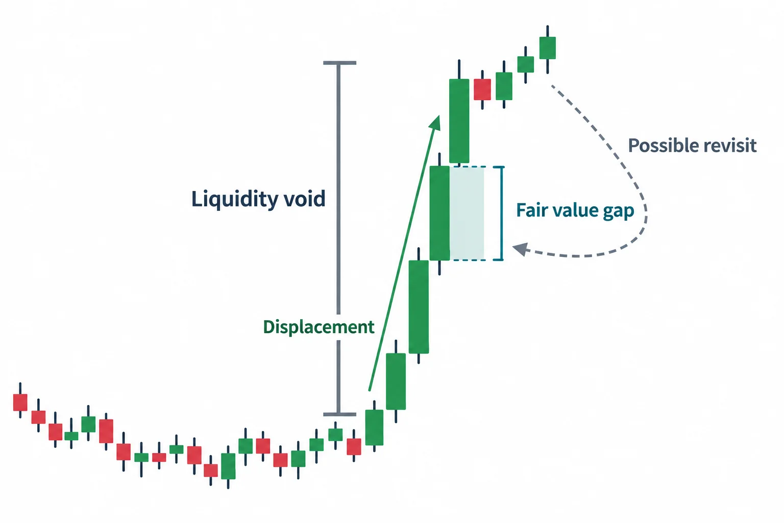 A schematic displacement distinguishes a broad liquidity void from a narrower fair value gap and a possible revisit.