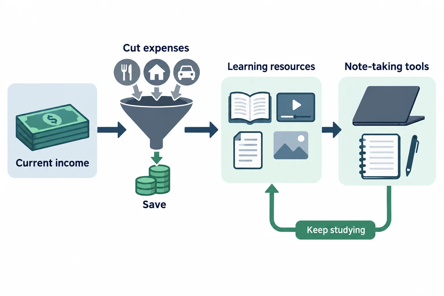 A study workflow links maintaining current income and cutting expenses with saving and acquiring learning tools.