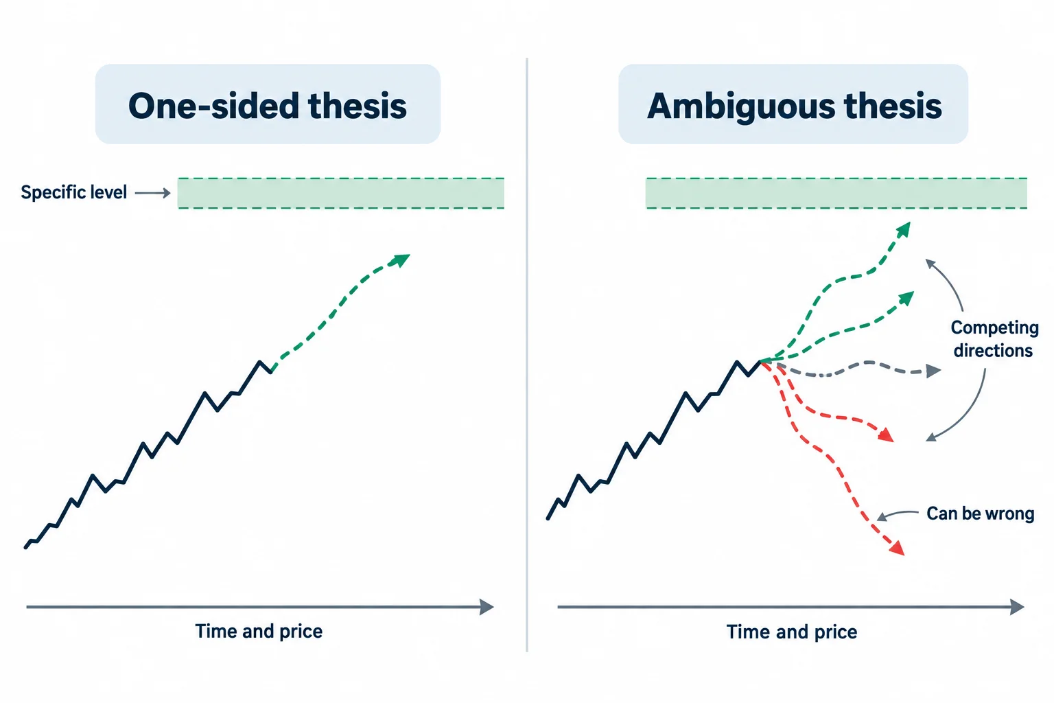 Two panels contrast a one-sided directional thesis with competing directions while noting that a clear thesis can still be wrong.