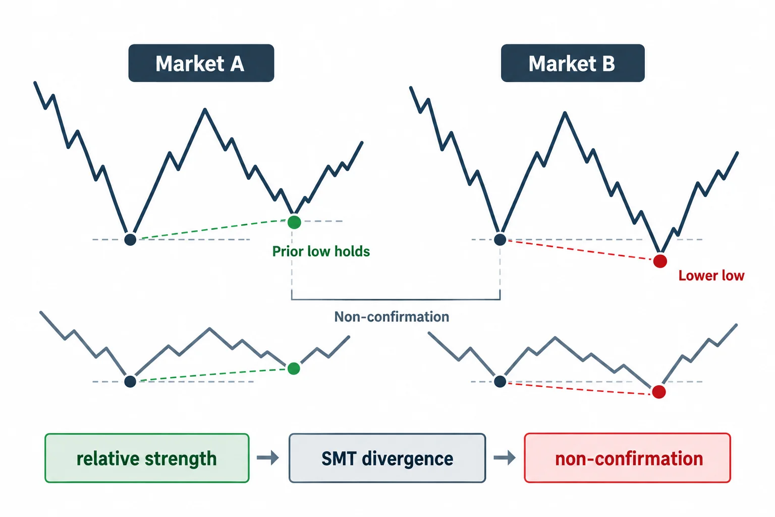 Two corresponding swing sequences show relative strength when one market holds its prior low while the other makes a lower low.