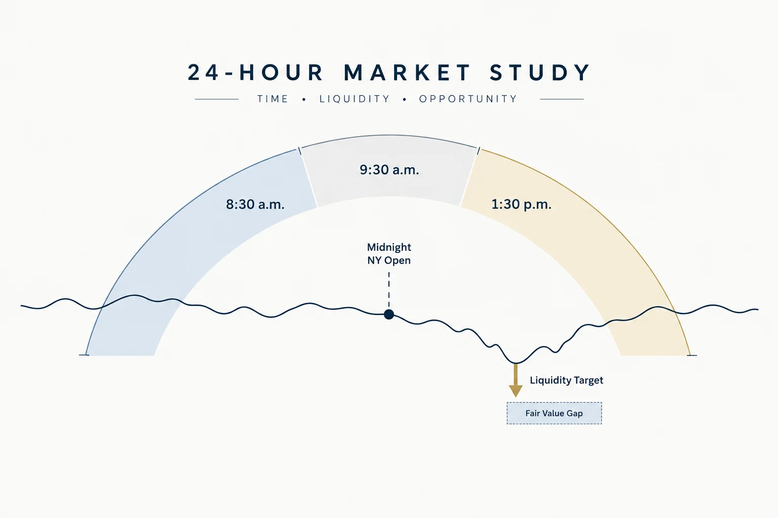 Educational schematic of a 24-hour market study timeline split into three session windows at 8:30 a.m., 9:30 a.m. and 1:30 p.m., with a midnight New York open marker, a downward liquidity-target arrow and a fair value gap box. AI-generated educational schematic; no prices or performance data.