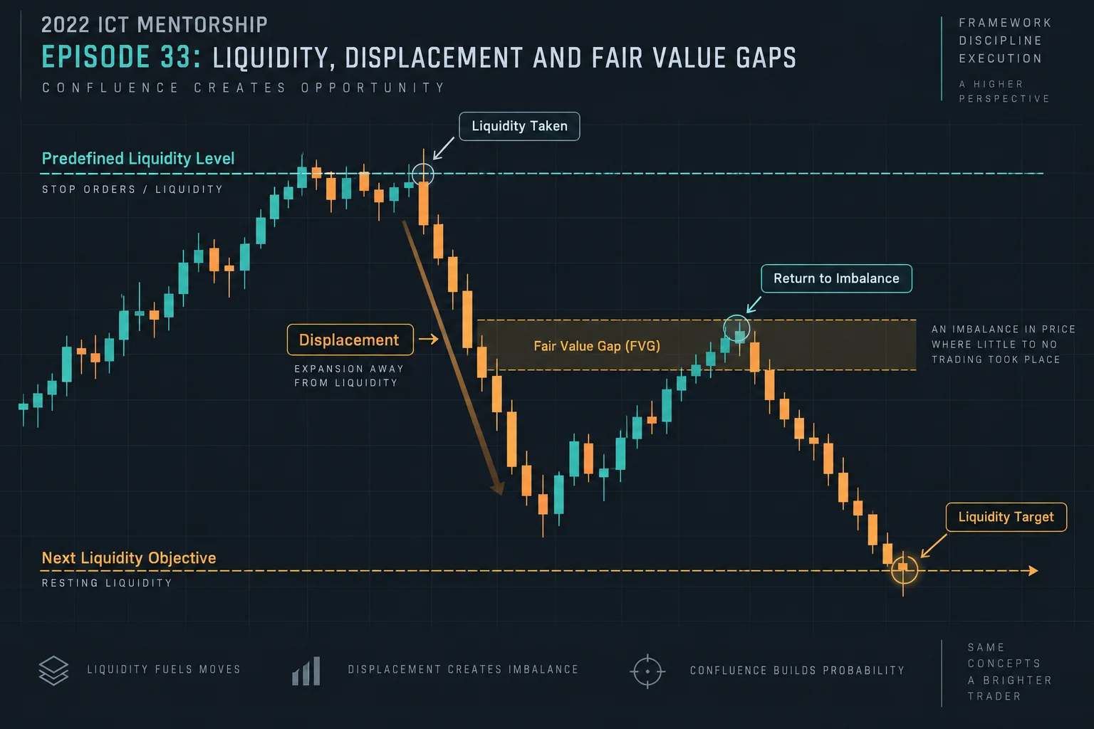 ICT Mentorship Episode 33 confluence diagram: predefined liquidity level, displacement move, fair value gap formation, return to imbalance, next liquidity objective