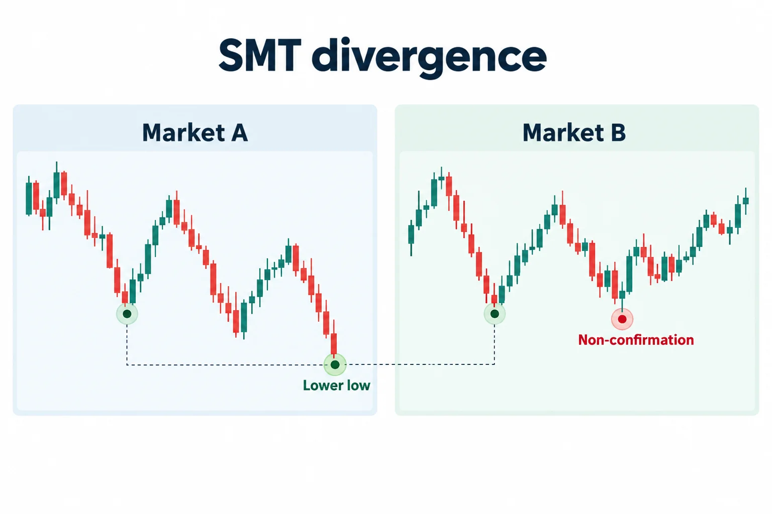 Two market schematics compare a lower low with a corresponding low that holds higher.
