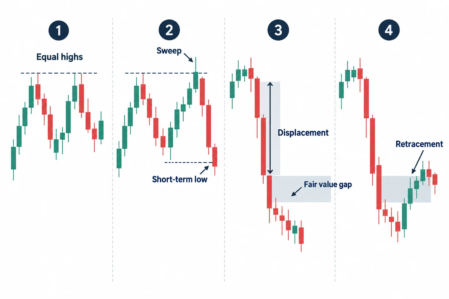 A bearish setup schematic links a high sweep to displacement beneath a short-term low and a gap retracement.