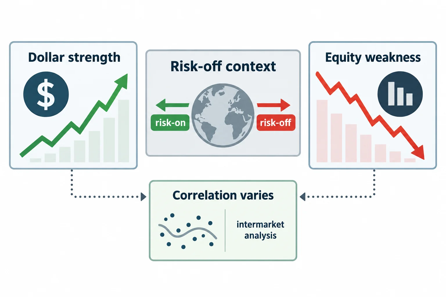 Paired schematic paths illustrate dollar strength alongside equity weakness as a variable contextual relationship.