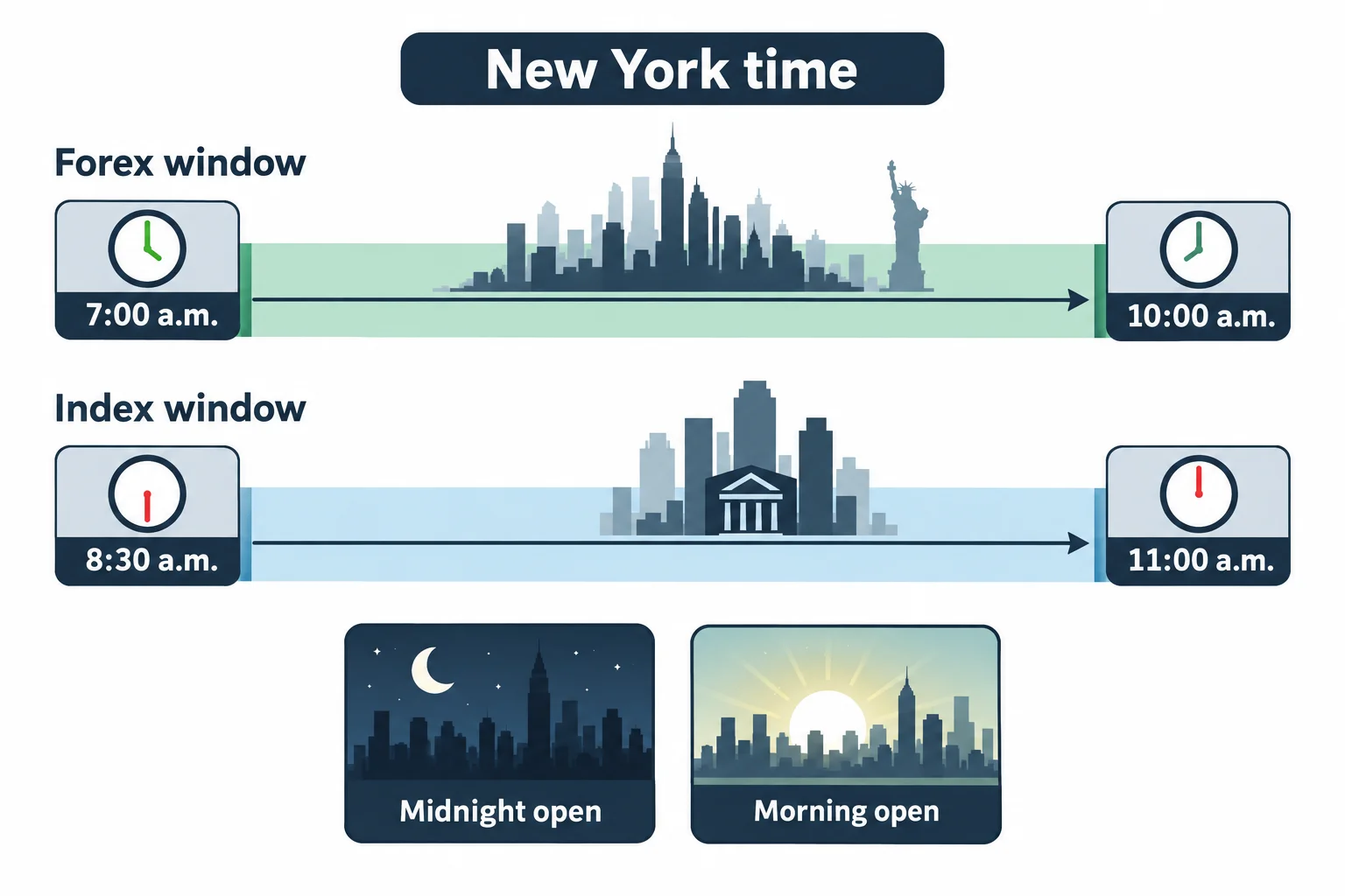 Two timing strips compare the lesson's forex and index observation windows in New York local time.