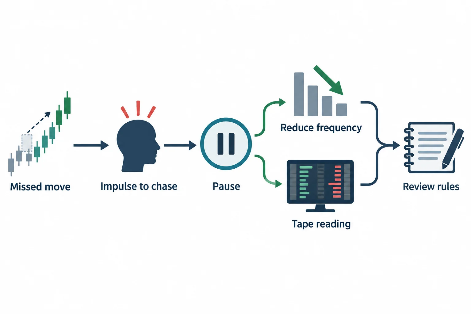 A decision flow shows pausing after a missed move and returning to reduced activity or observation.