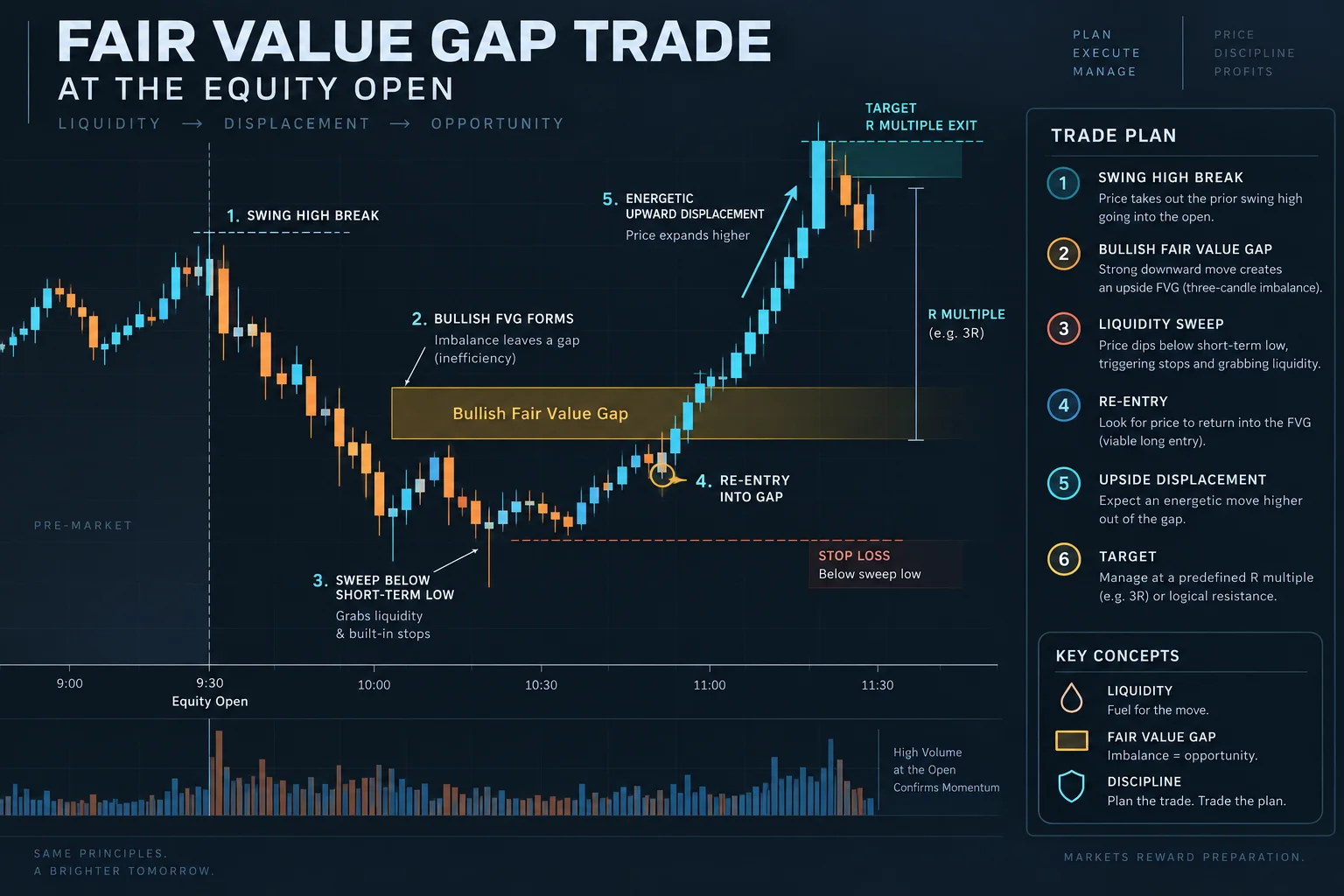 Fair value gap trade at equity open: bullish daily bias, swing-high break, FVG formation, sweep below short-term low, return into gap, expected displacement