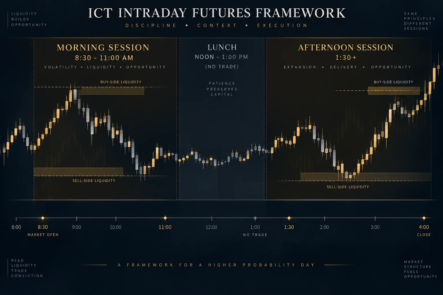 Dark-themed trading session timeline showing Morning, Lunch, and Afternoon windows for ICT intraday index-futures framework