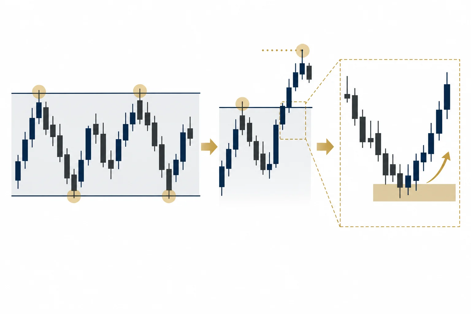 Educational infographic: a market trades sideways within support and resistance, then breaks above and pulls back into a liquidity zone before reversing upward.