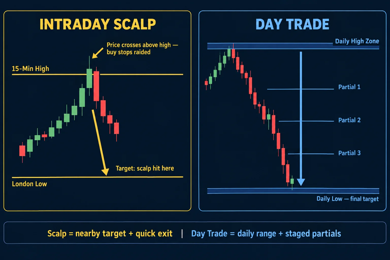 Side-by-side ICT trading concept: Intraday scalp targets nearby liquidity; Day trade targets the full daily range