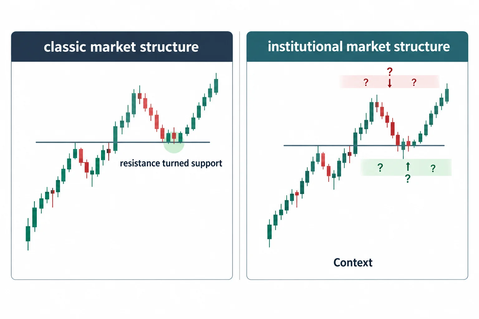 Two panels compare a level-retest pattern with broader contextual analysis.