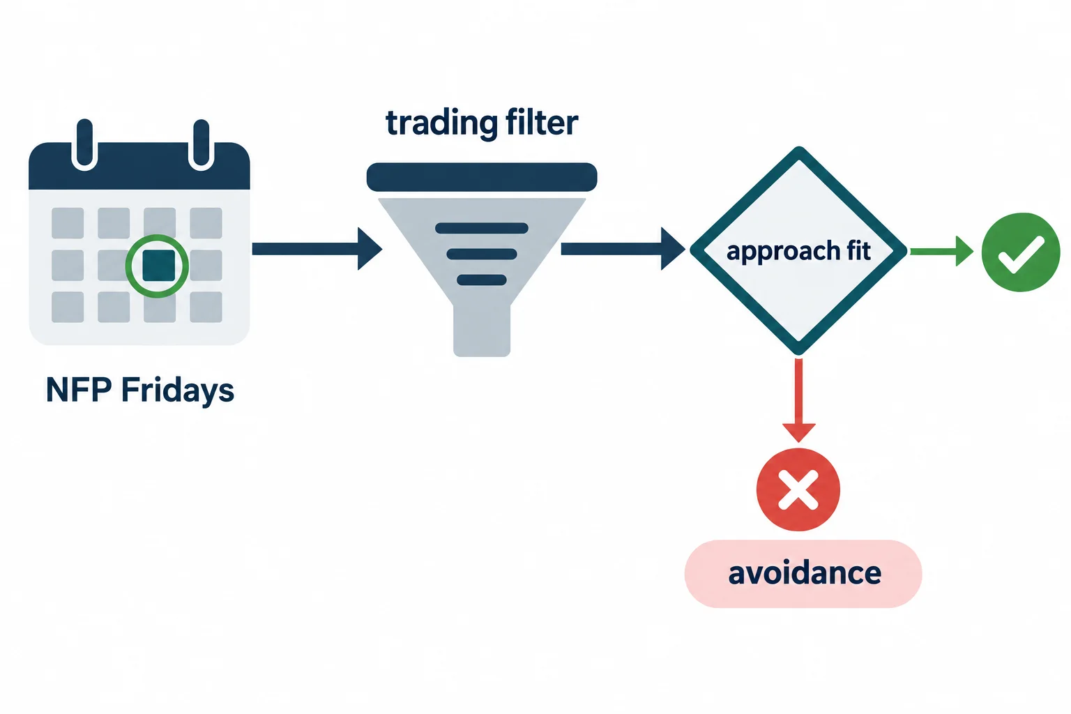 A decision flow shows event conditions being screened for fit with an approach.