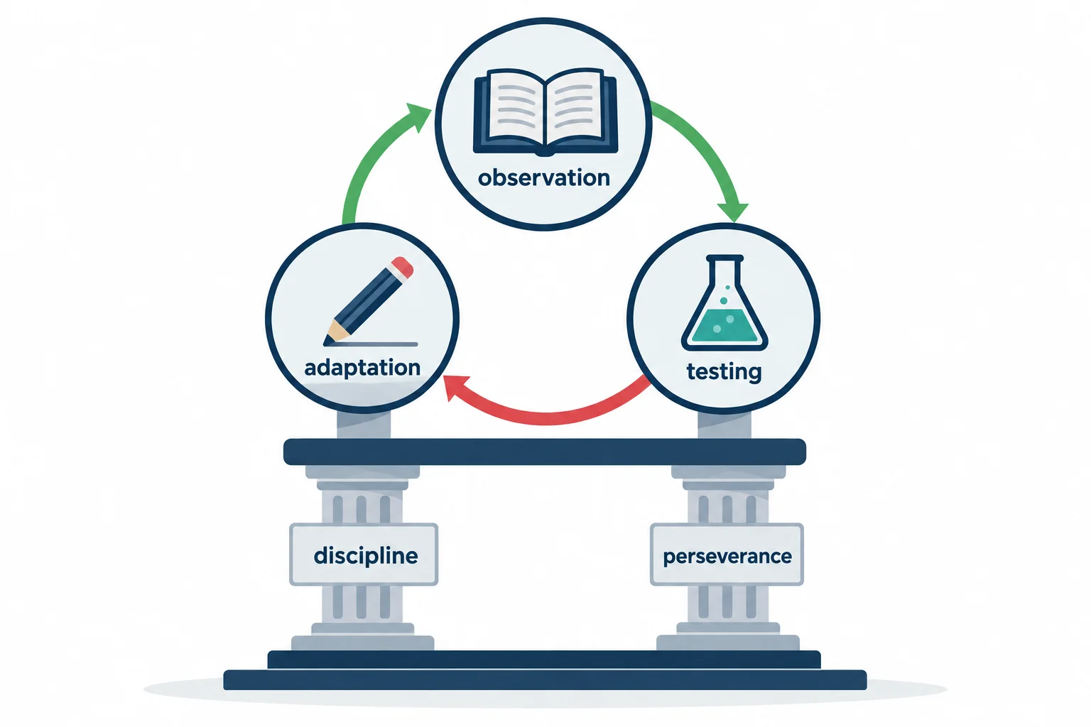 A learning loop links observation, testing and adaptation with disciplined study.