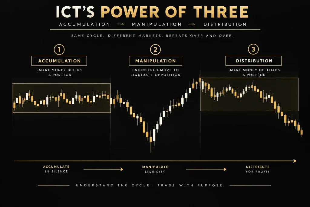 ICT Power of Three model: accumulation, manipulation, and distribution phases on a candlestick chart