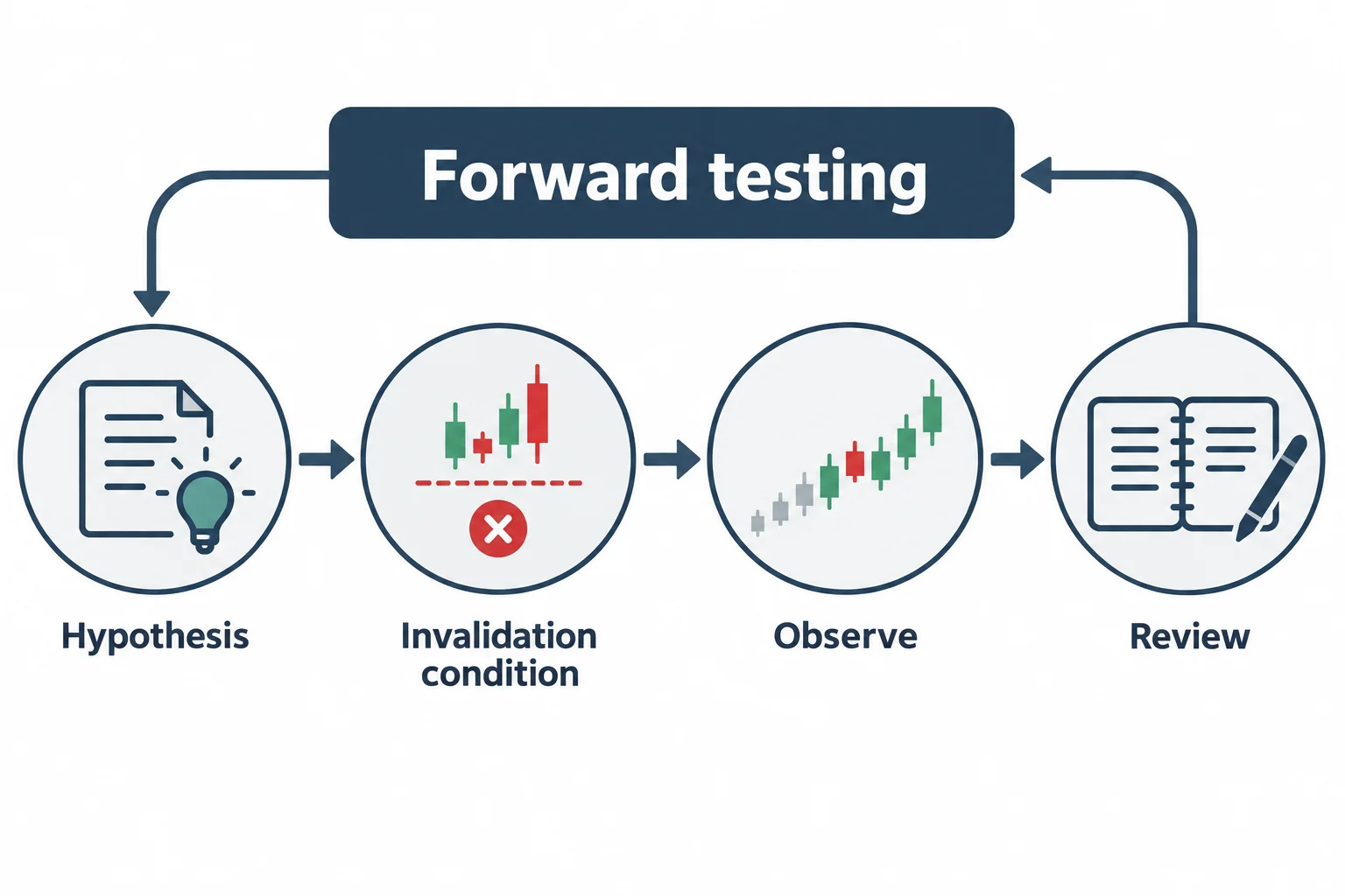 The diagram shows a forward-testing cycle from hypothesis through observation to review.
