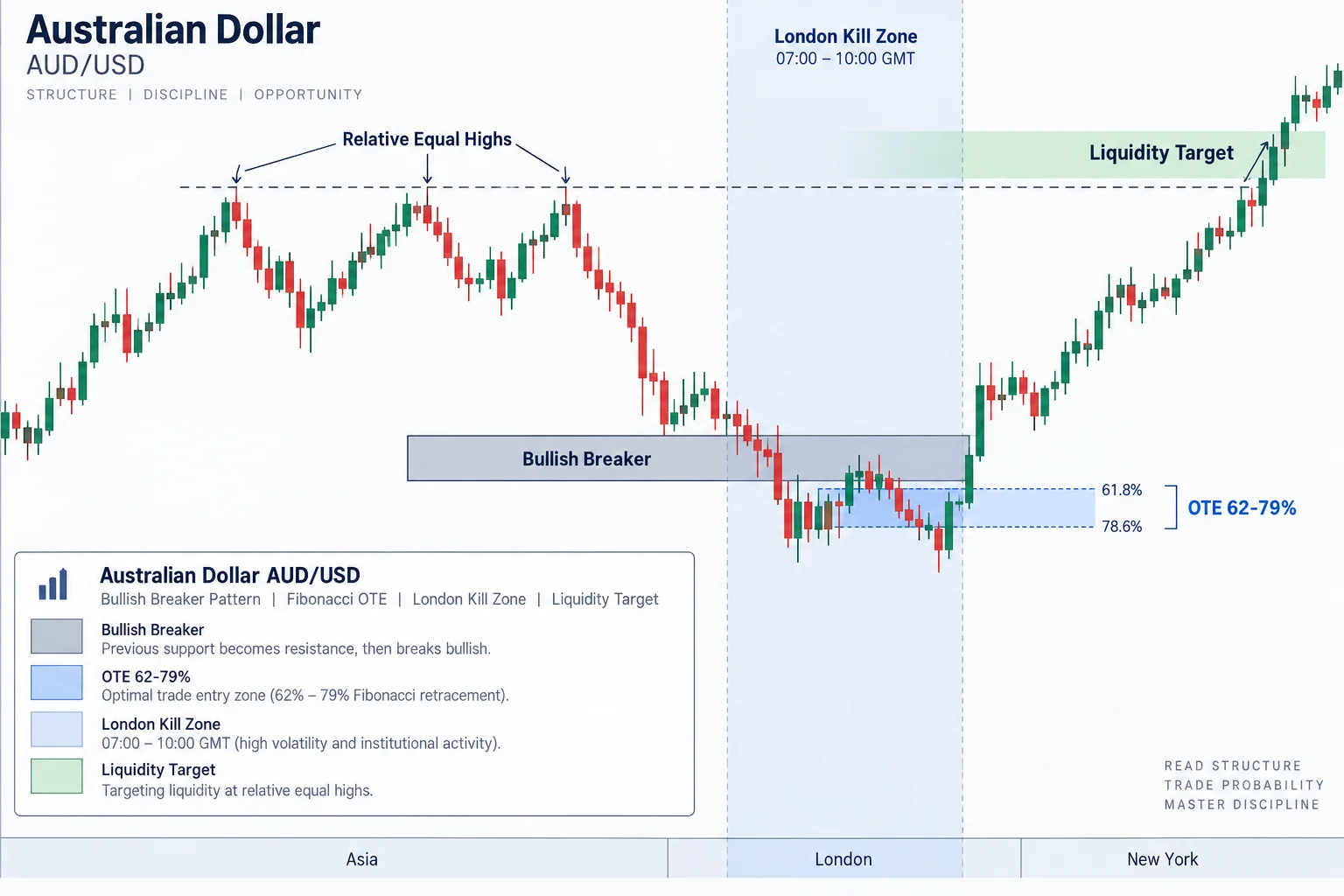 Stylized price chart showing a bearish breaker, optimal trade entry retracement, and New York time window overlap