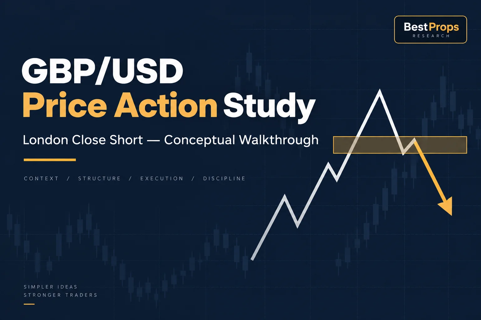 Abstract GBP/USD conceptual price action framework: a descending motion through a defined range, with an order block and target zone rendered as simple geometric shapes. No specific prices, candlesticks, or performance data.