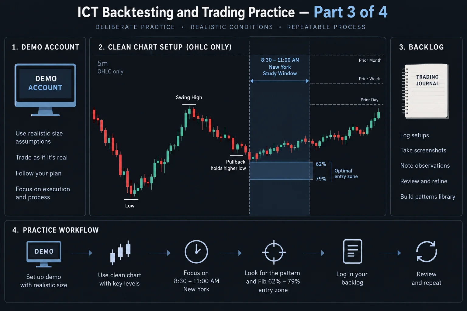 ICT Part 3 backtesting and deliberate practice infographic: demo account with realistic size assumptions, stripped chart with four price levels, fixed study window 8:30-11am NY, backlog with losses included, neutral journal review