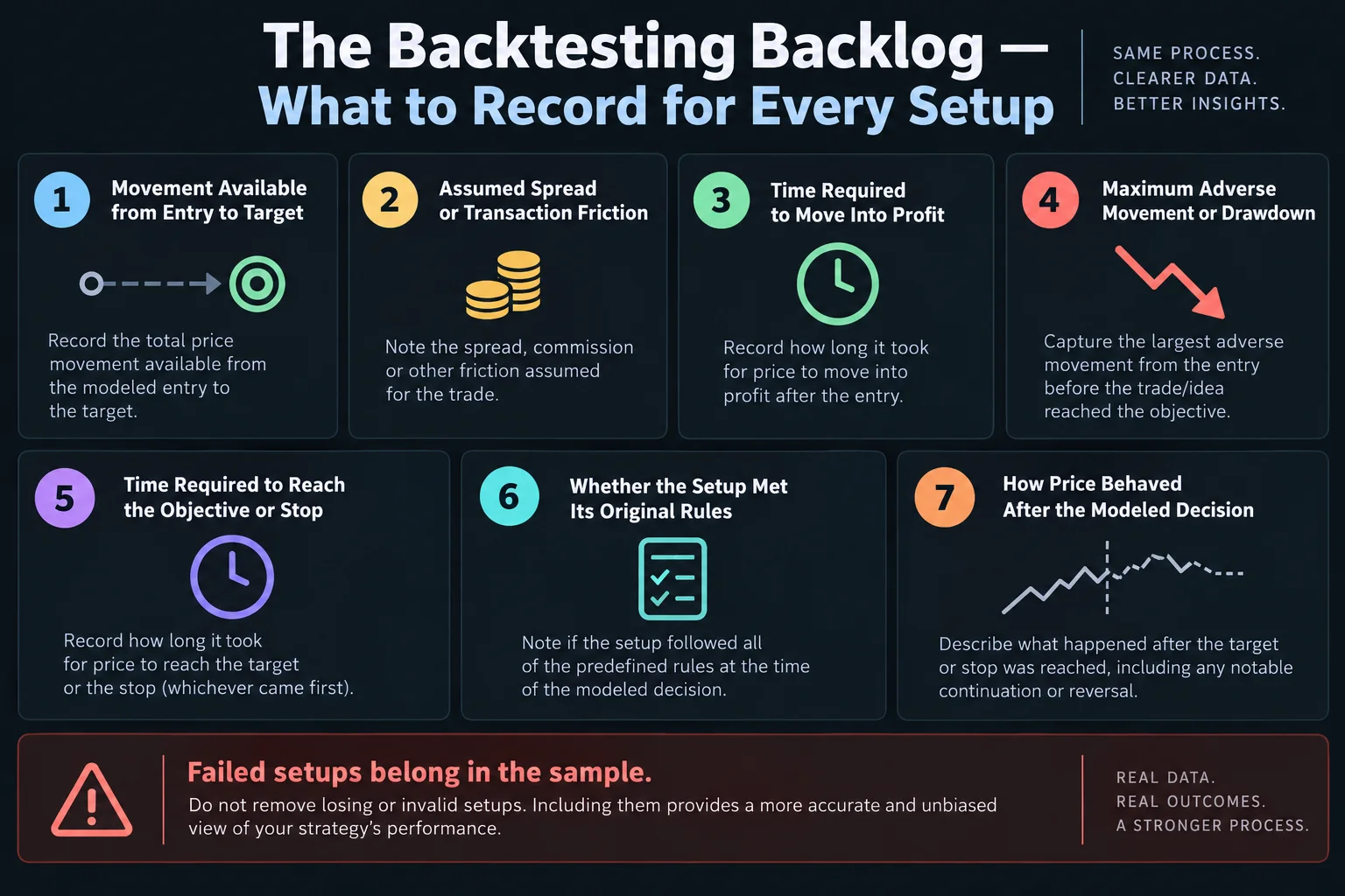 Educational infographic: the backtesting backlog workflow — seven numbered fields for every setup including movement available, entry logic, time to target, drawdown, honest review notes, and hindsight-derived experience