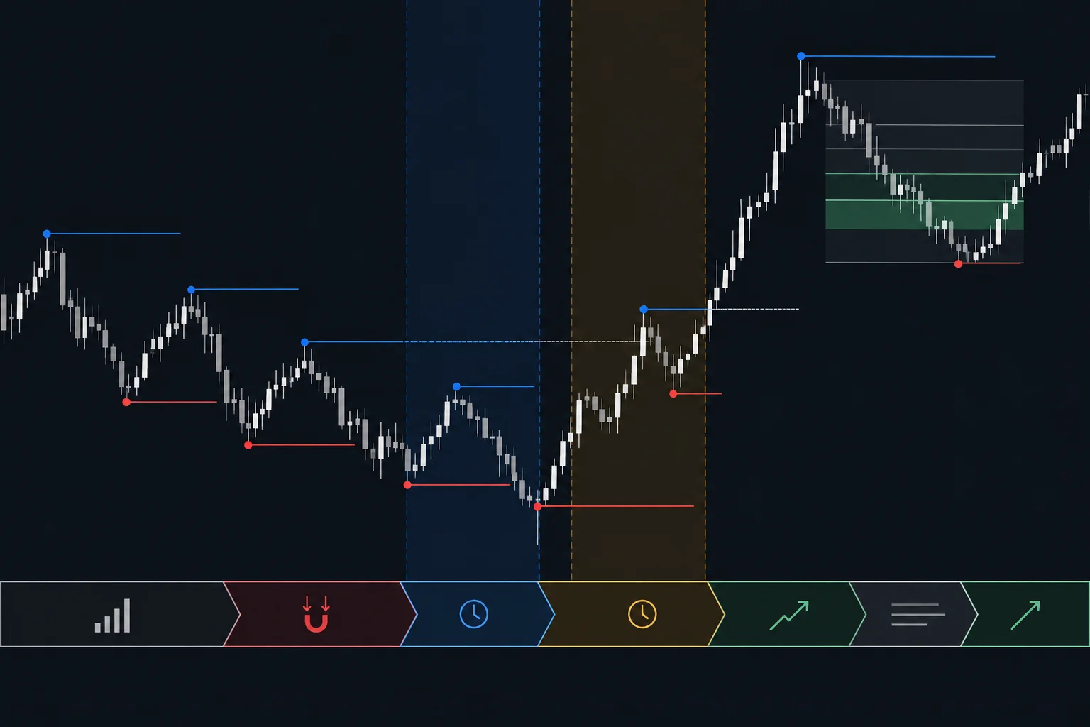 ICT Part 2 highs lows liquidity framework infographic: price chart with blue monthly/weekly/daily highs and red lows, liquidity sweep below a low, recovery, then cross above an old high showing change in delivery state, London and NY session windows marked