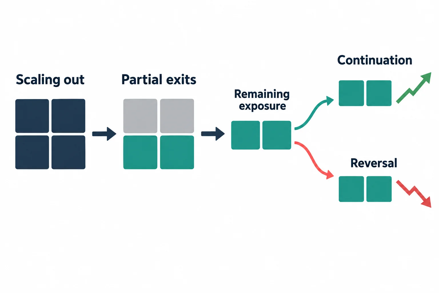 Position tiles show partial exits reducing exposure before either continuation or reversal.