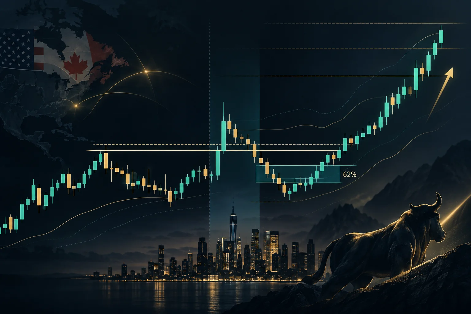 ICT Volume 11 header: USD/CAD five-minute bullish OTE setup around prior daily high with 62% retracement and standard deviation targets.