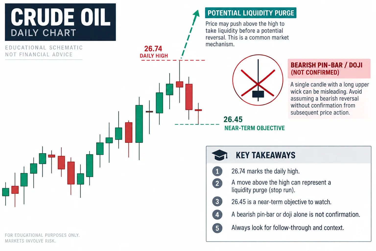 Conceptual crude oil daily chart educational schematic: daily candle with high marked at 26.74, near-term objective at 26.45, bearish pin-bar/doji interpretation shown as crossed out, upward arrow indicating potential liquidity purge above the high. Abstract educational diagram, no specific candle data or performance claims.