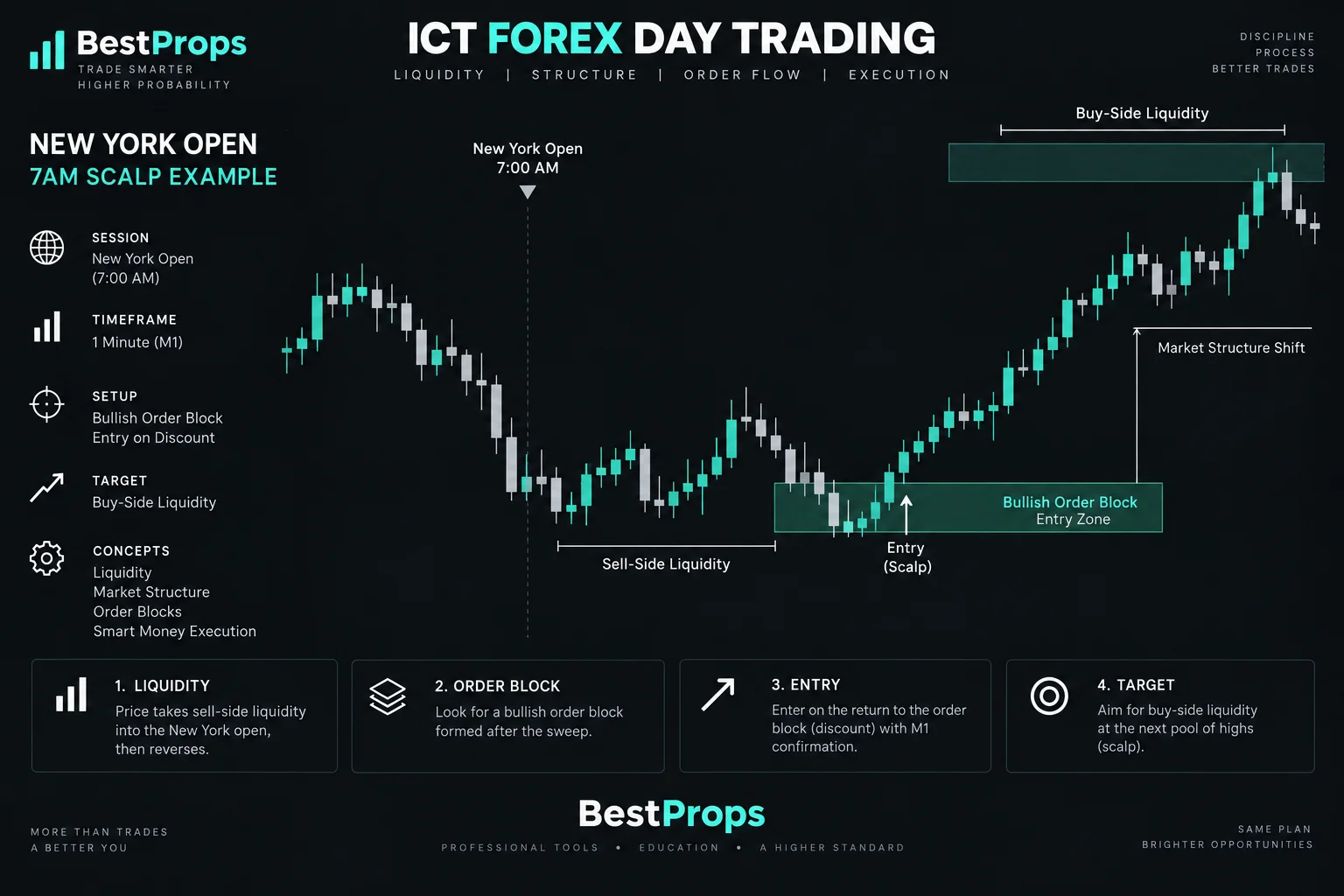 ICT High Probability Forex Day Trading framework: bullish order block entry, buy-side liquidity target, equal highs/lows reference