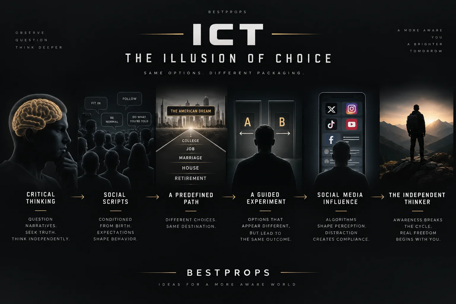 ICT The Illusion of Choice framework: critical thinking, social scripts, American Dream path, guided choice experiment, social media influence