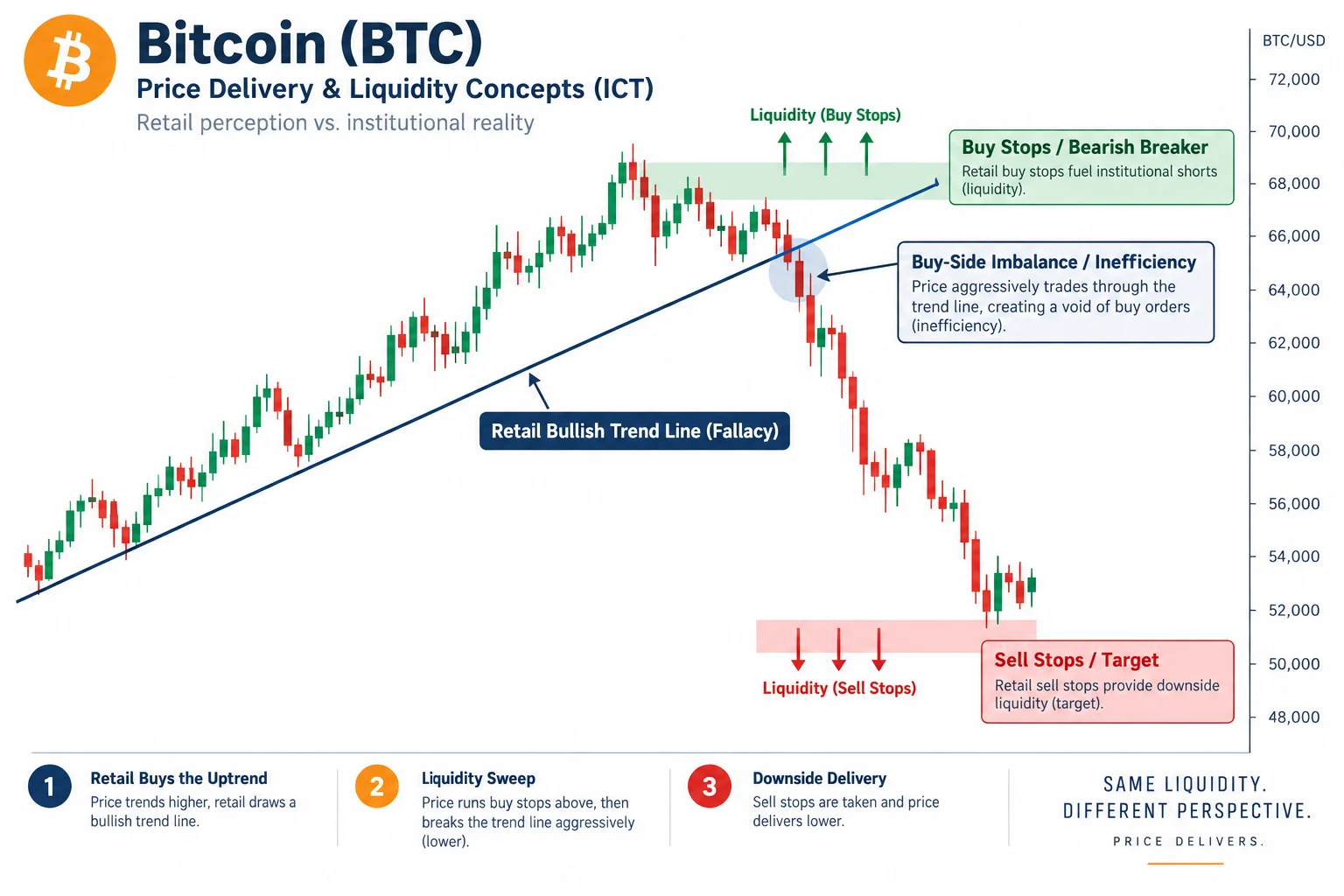 ICT BTC price delivery diagram: bearish breaker, buy stops, bullish trend line fallacy, buy-side imbalance, and sell-side target