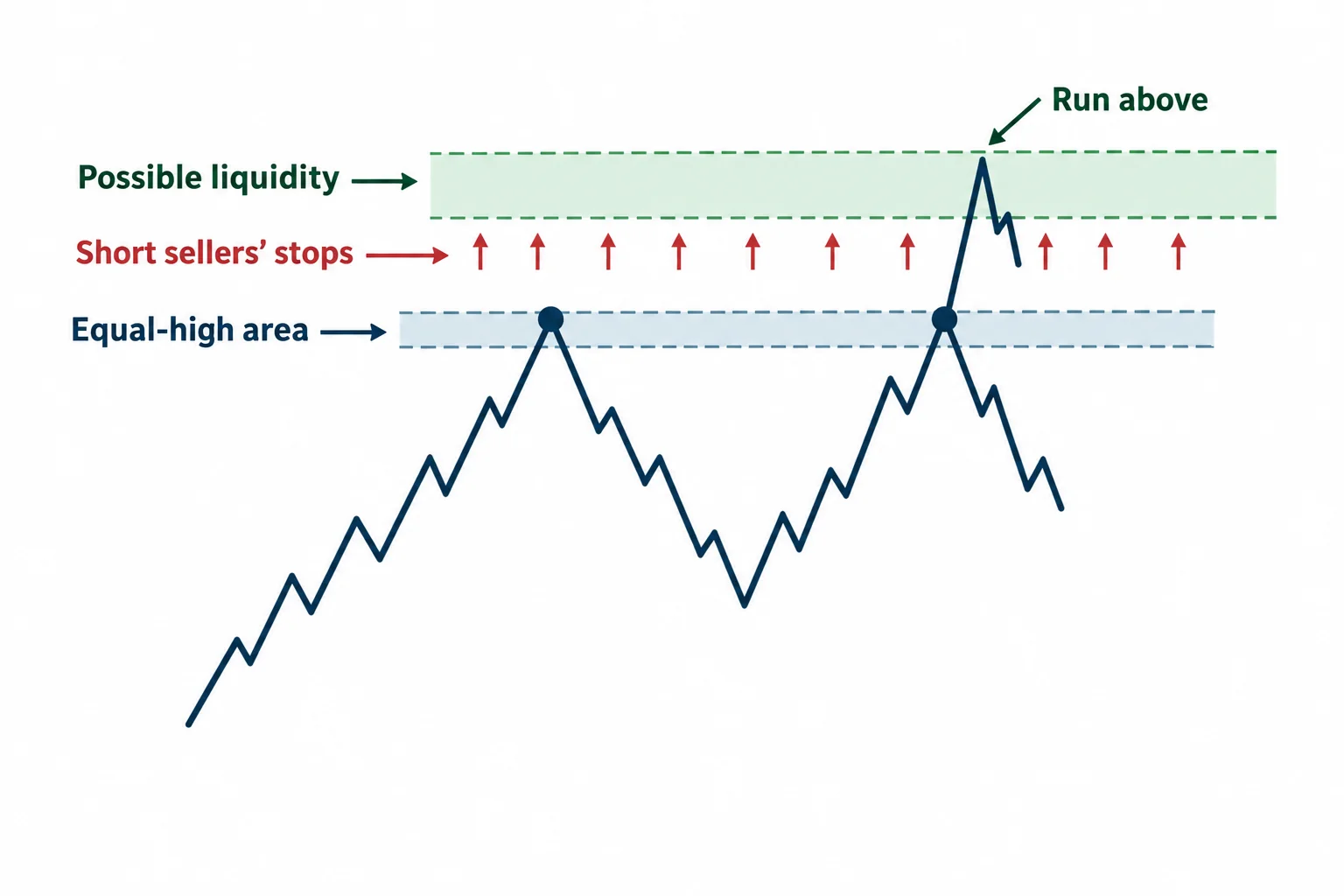 A schematic move above equal highs enters an area of possible short-seller stops.