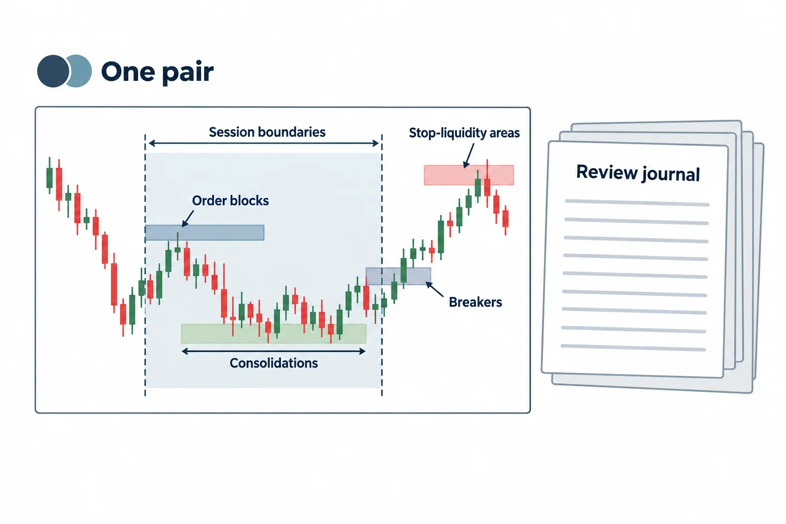 A journal schematic marks one pair’s session boundaries and structural observations for repeated review.