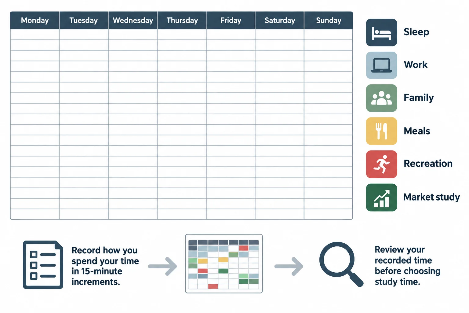 A weekly time-audit grid groups daily activities into categories for identifying study time.