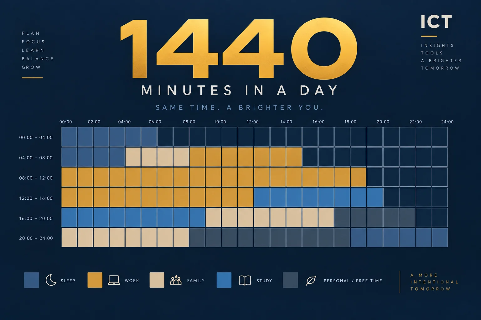 ICT 1440 time management grid: 24 hours divided into 1,440 minutes (96 blocks of 15 minutes), color-coded by activity category