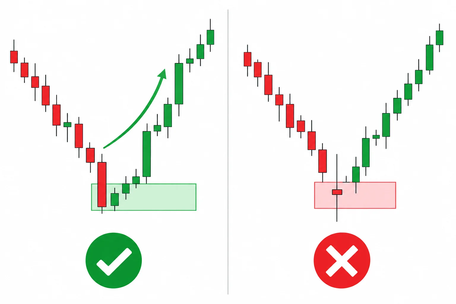 Comparison of valid bullish order block vs invalid spinning-top candle