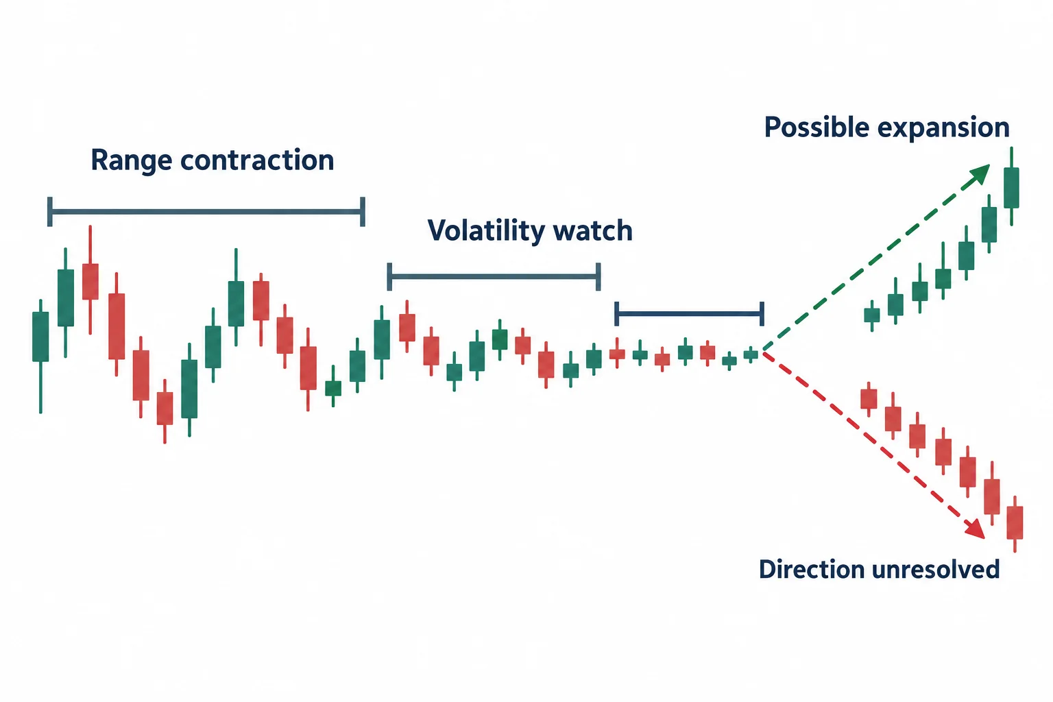 Shrinking daily ranges lead to two possible expansion directions without selecting either one.