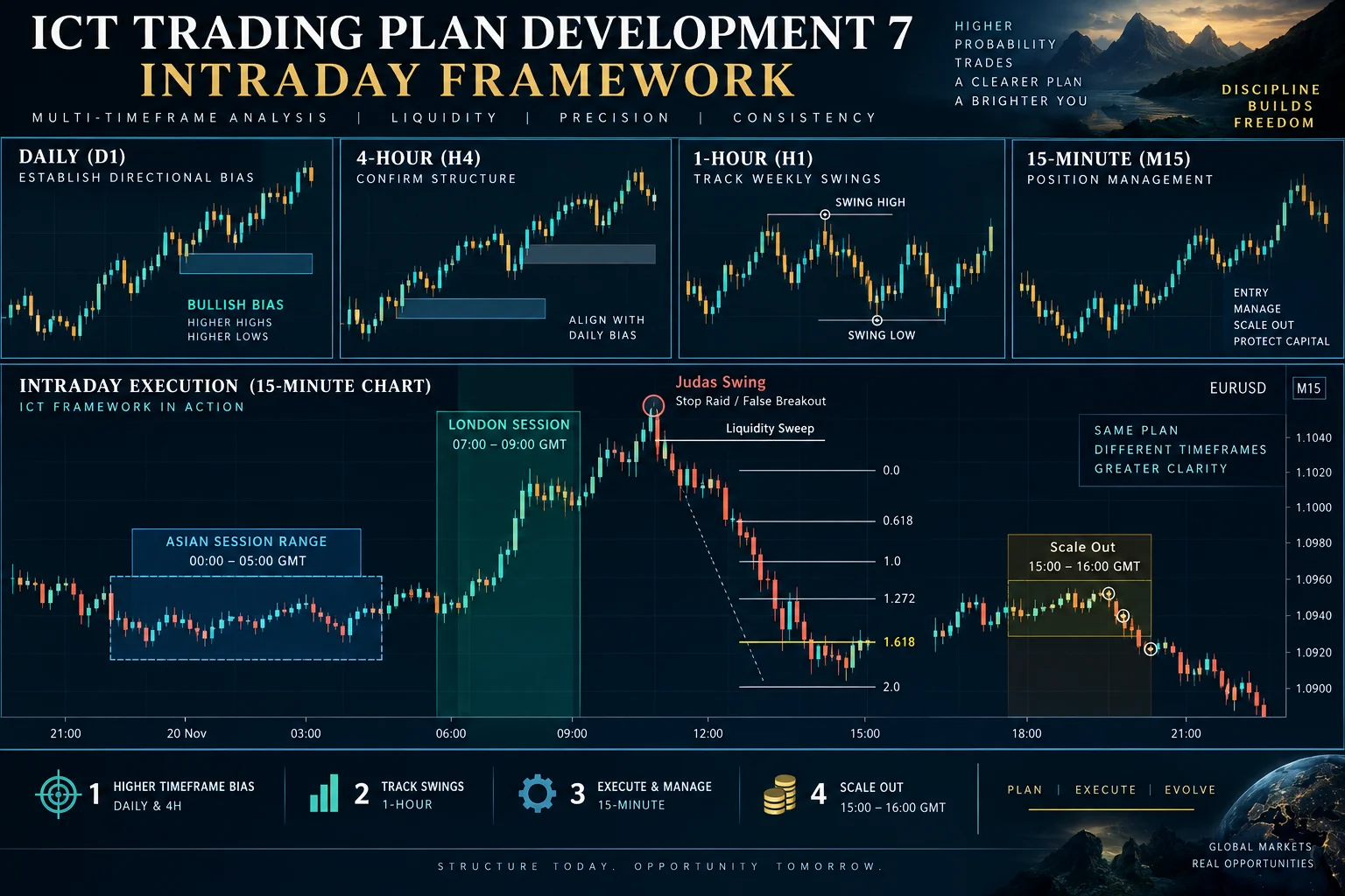 ICT Trading Plan Development 7: Intraday Framework - multi-timeframe forex trading concept with Asian range, London session, Fibonacci extensions, and scaling out