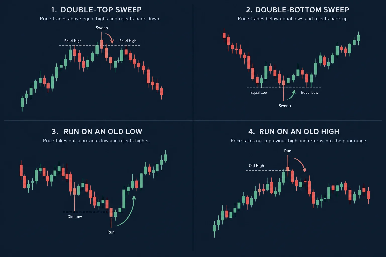 ICT four core higher timeframe price behaviors: double-top sweep, double-bottom sweep, run on old low with rejection, and run on old high returning to range