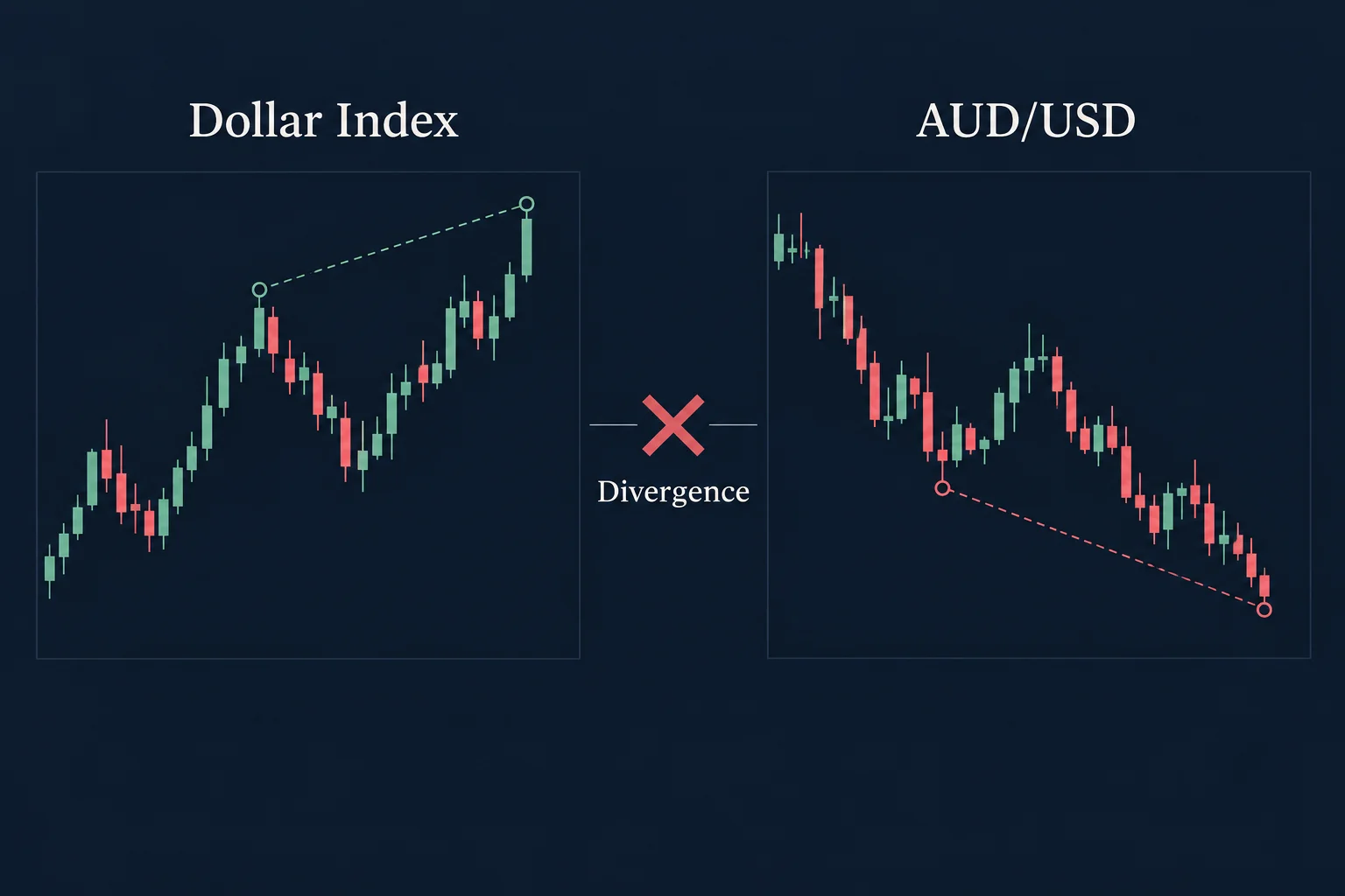 ICT Smart Money Technique SMT divergence — Dollar Index vs AUD/USD showing failure to confirm corresponding highs and lows