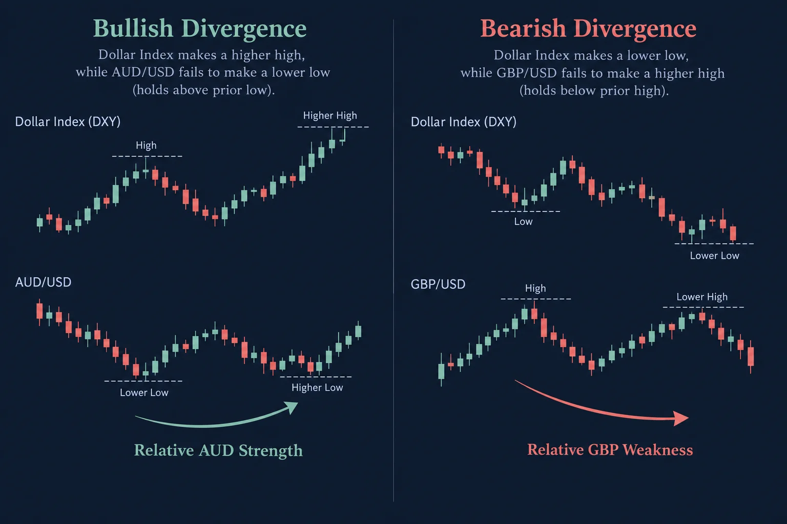 ICT SMT divergence bullish and bearish scenarios: Dollar Index vs AUD/USD and GBP/USD showing unconfirmed highs and lows