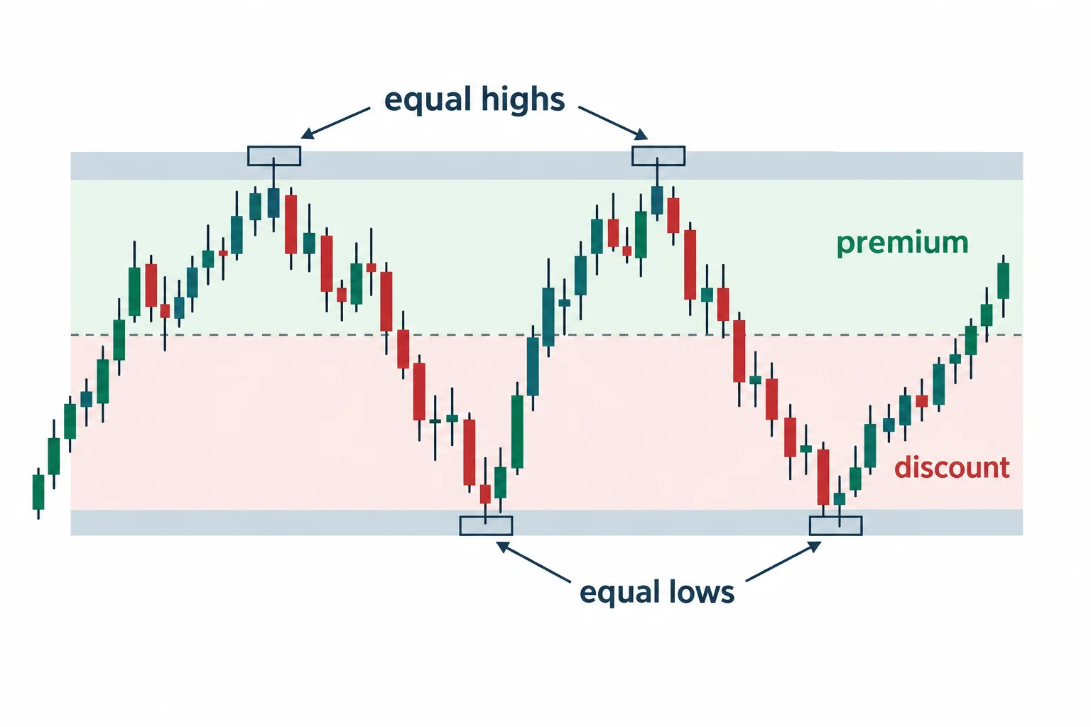Equal highs and lows frame premium and discount areas within a schematic range.