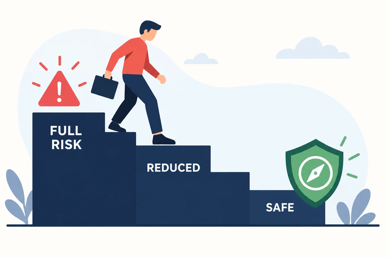 Clean flat-vector editorial illustration for an educational article about step-down risk management. A descending staircase representing progressive risk reduction after losses.